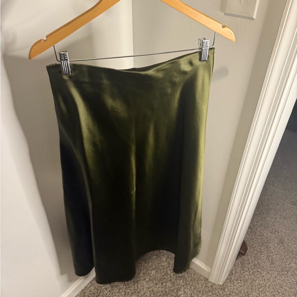 Olive Green Satin Midi Skirt